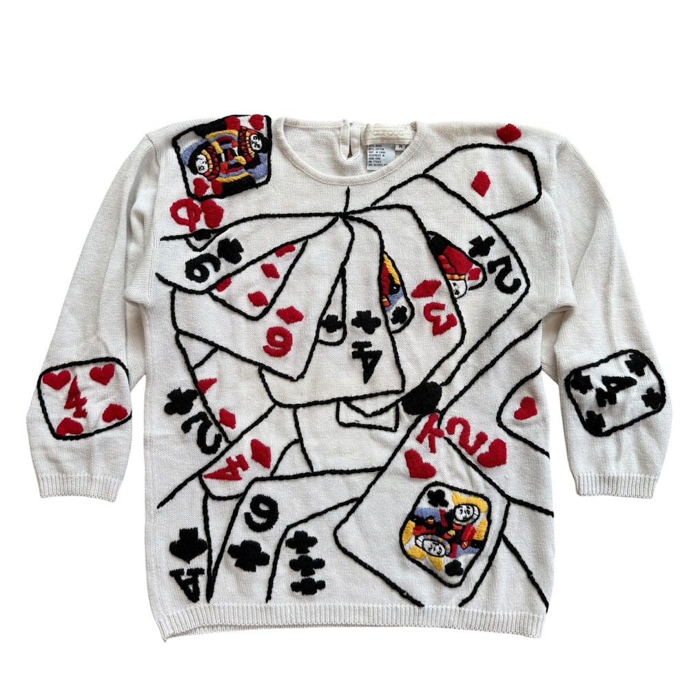 Maurada Vintage Playing Cards Knit Sweater Cream Ramie‎ Cotton Womens Medium